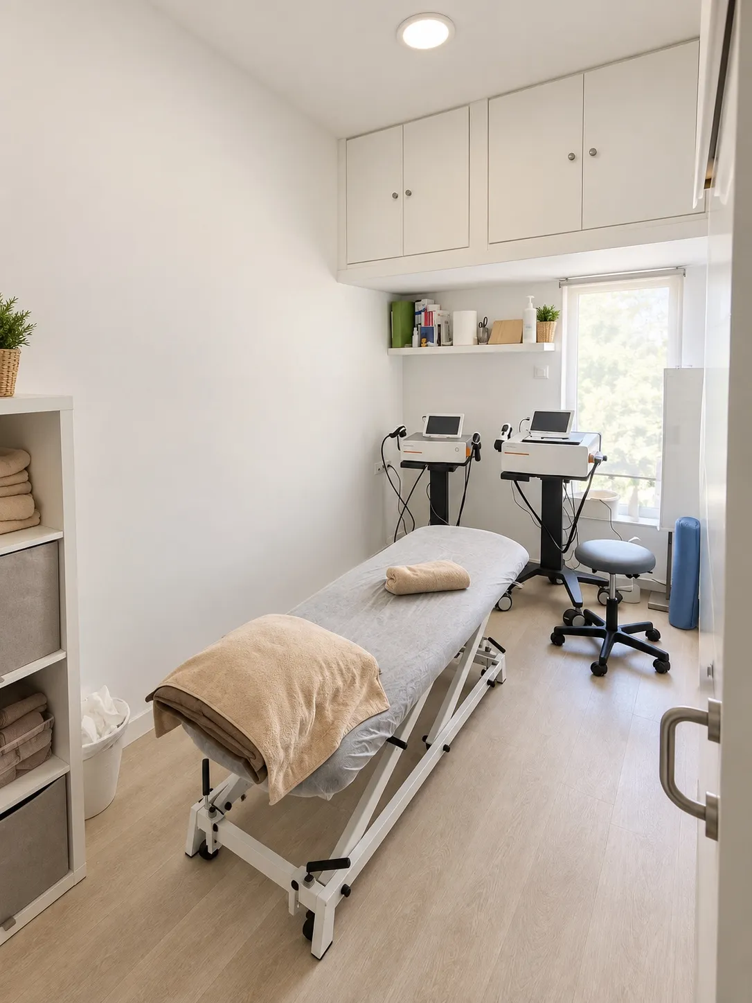Sala de tratamiento de la consulta, luminosa, con camilla y equipos de fisioterapia